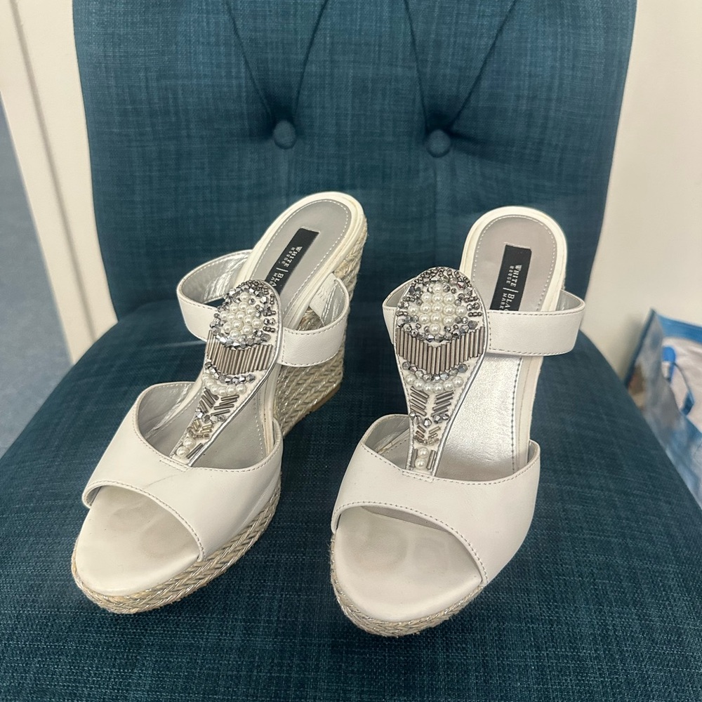 White House Black Market White Wedge Sandals with Crystal Accents